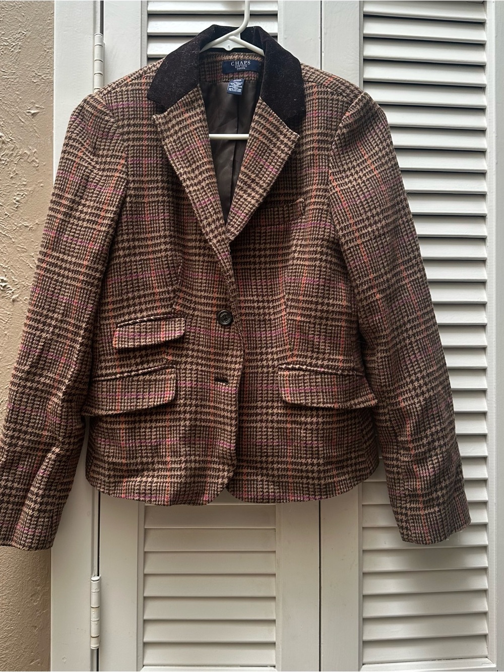 Chaps Brown Plaid Blazer with Dark Corduroy Collar and Pink Accents
